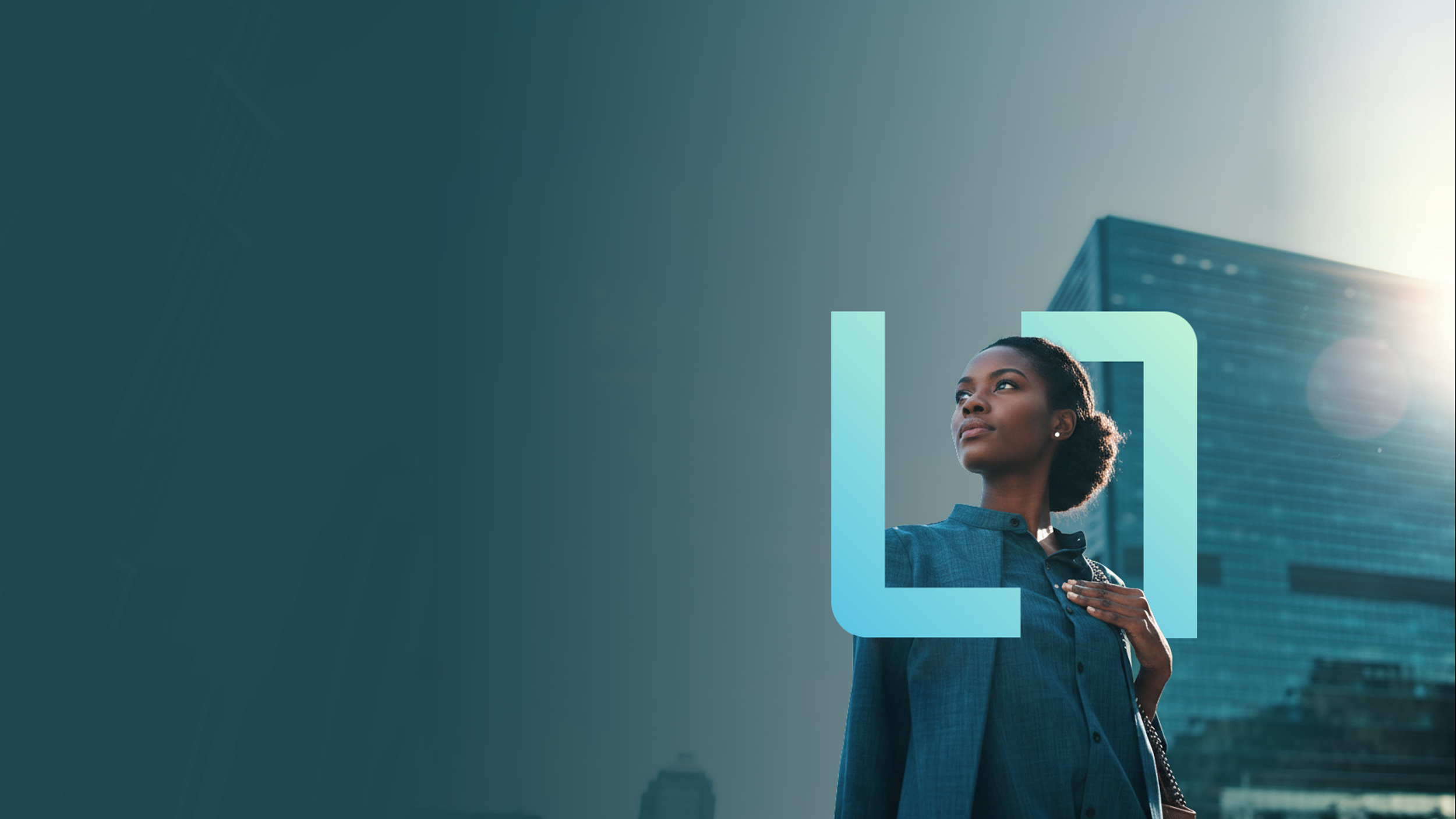 A South African financial-services professional framed by the Altron brand mark, with a city skyline behind